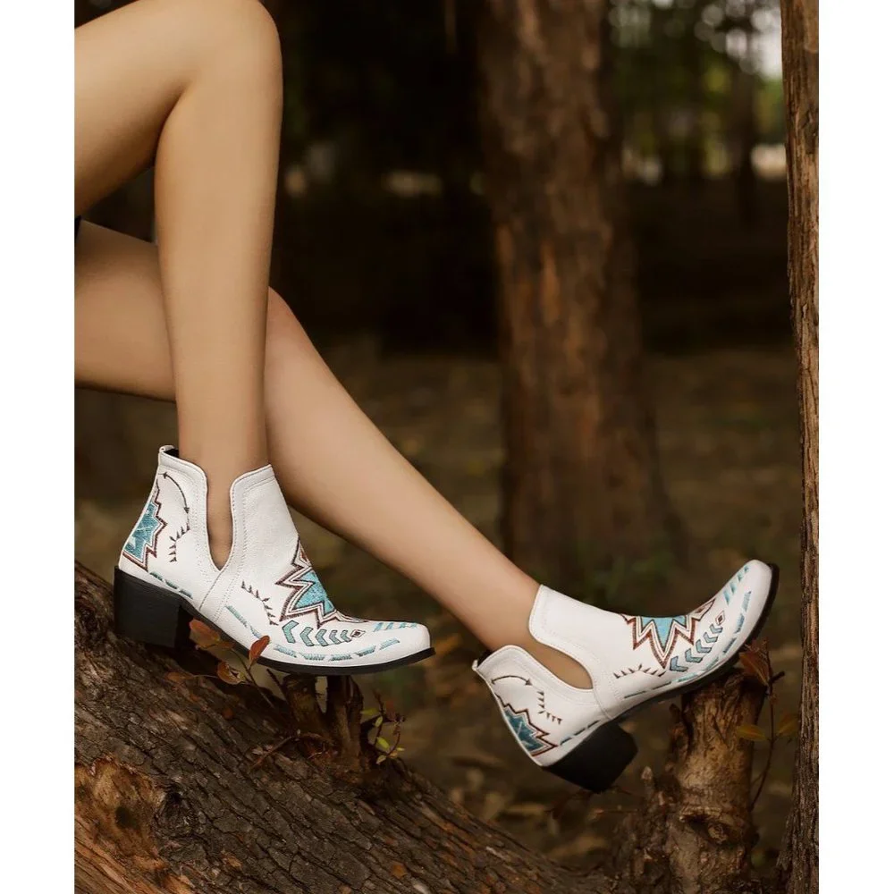 White Embroidered Western Ankle Bootie with Blue Accents